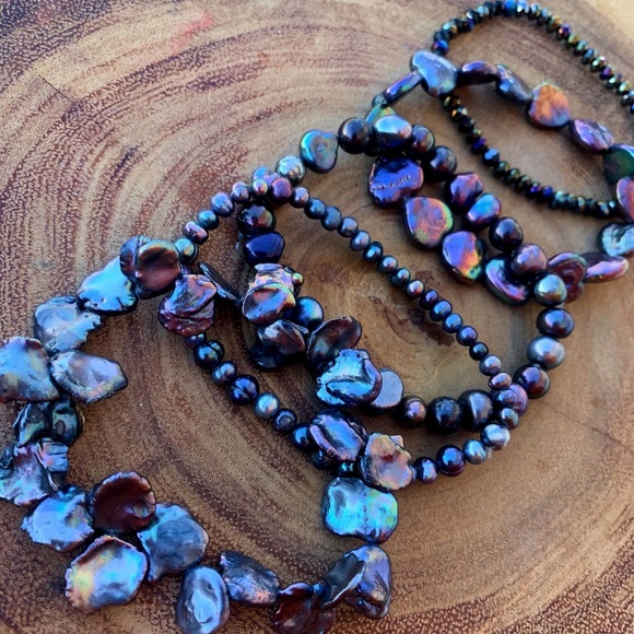 Natural Black Peacock Baroque Freshwater Pearl Cultured Bead Bracelet Stack - Picture 3 of 10